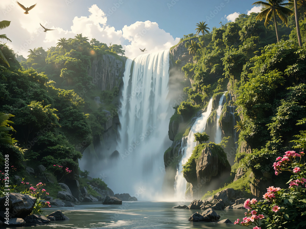Fototapeta premium Majestic waterfall cascading down a lush, green cliff, surrounded by dense tropical forest