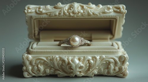 Elegant pearl ring displayed in an ornate vintage box, showcasing intricate design and soft lighting