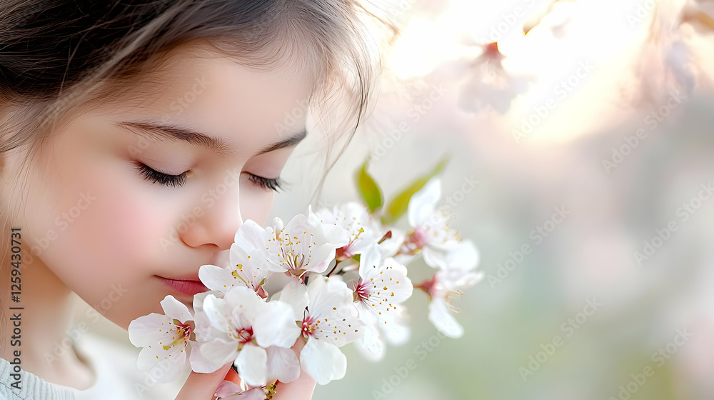 Girl smelling spring blossoms, garden, sunlight Girl smelling spring blossoms, garden, sunlight