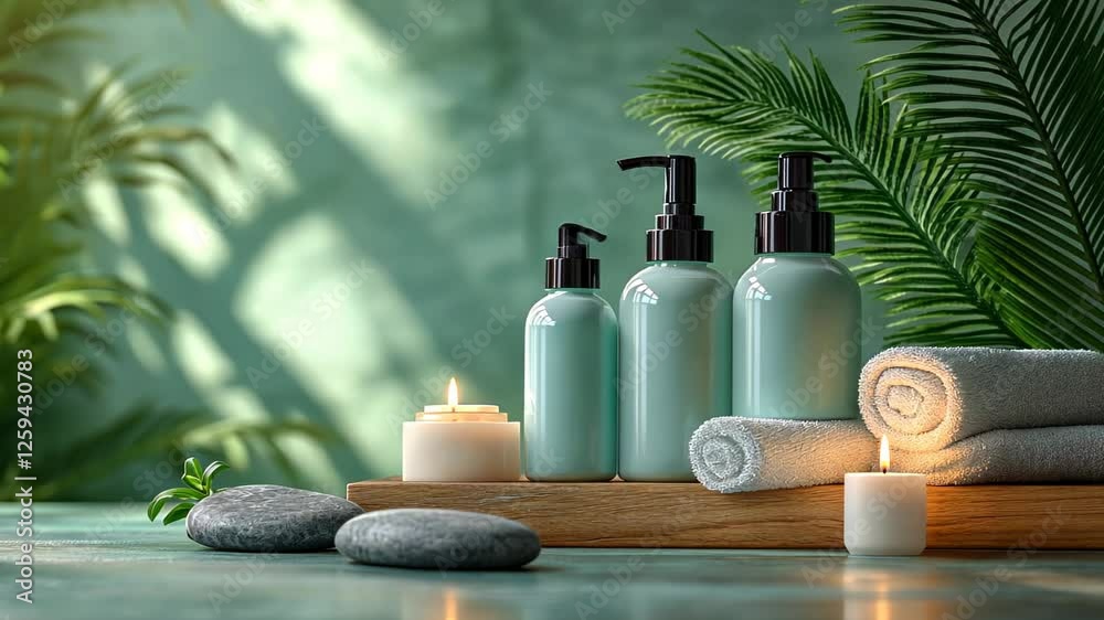 Tranquil spa setting with skincare products, candles, and towels Tranquil spa setting with skincare products, candles, and towels