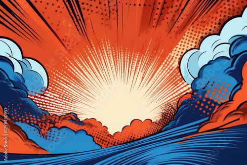 A vibrant sunburst comic book style natures scenery. Royalty high-quality free best stock of comic nature with forest, sun, trees, clouds, sky sunrise, mountains comic scene background