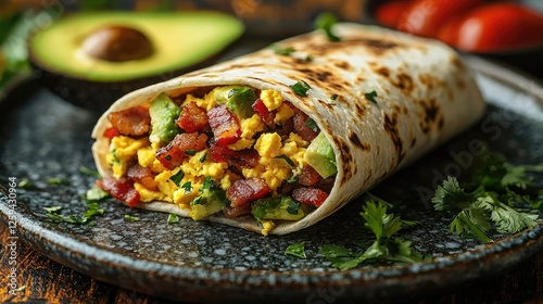 Delicious breakfast burrito filled with eggs, bacon, and avocado on a rustic table with ingredients