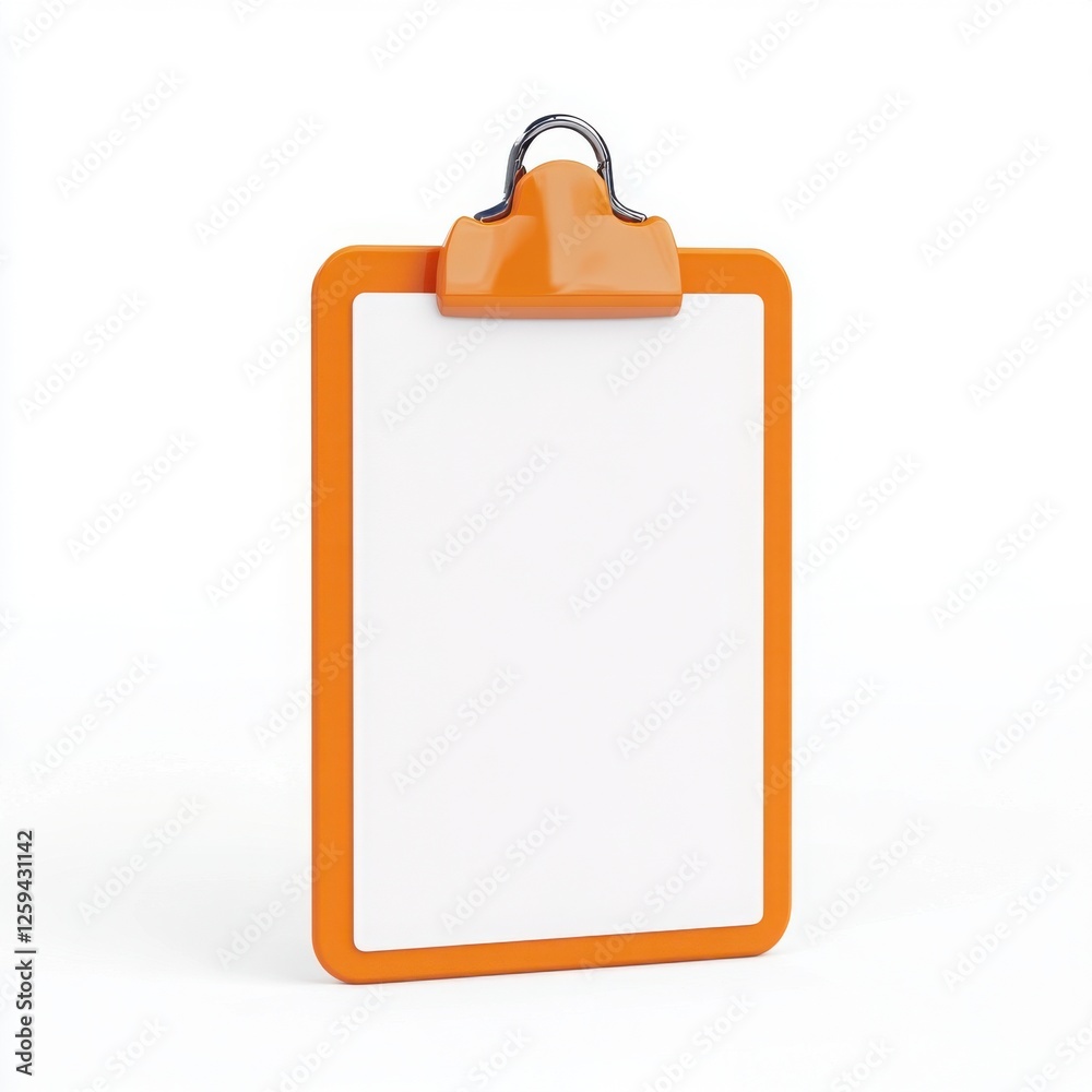 A blank clipboard with an orange frame and clip, ideal for notes or lists in various settings like offices or classrooms. A blank clipboard with an orange frame and clip, ideal for notes or lists in various settings like offices or classrooms.