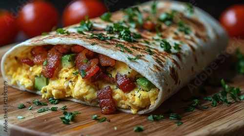 Delicious breakfast burrito filled with scrambled eggs, vegetables, and herbs on a wooden board