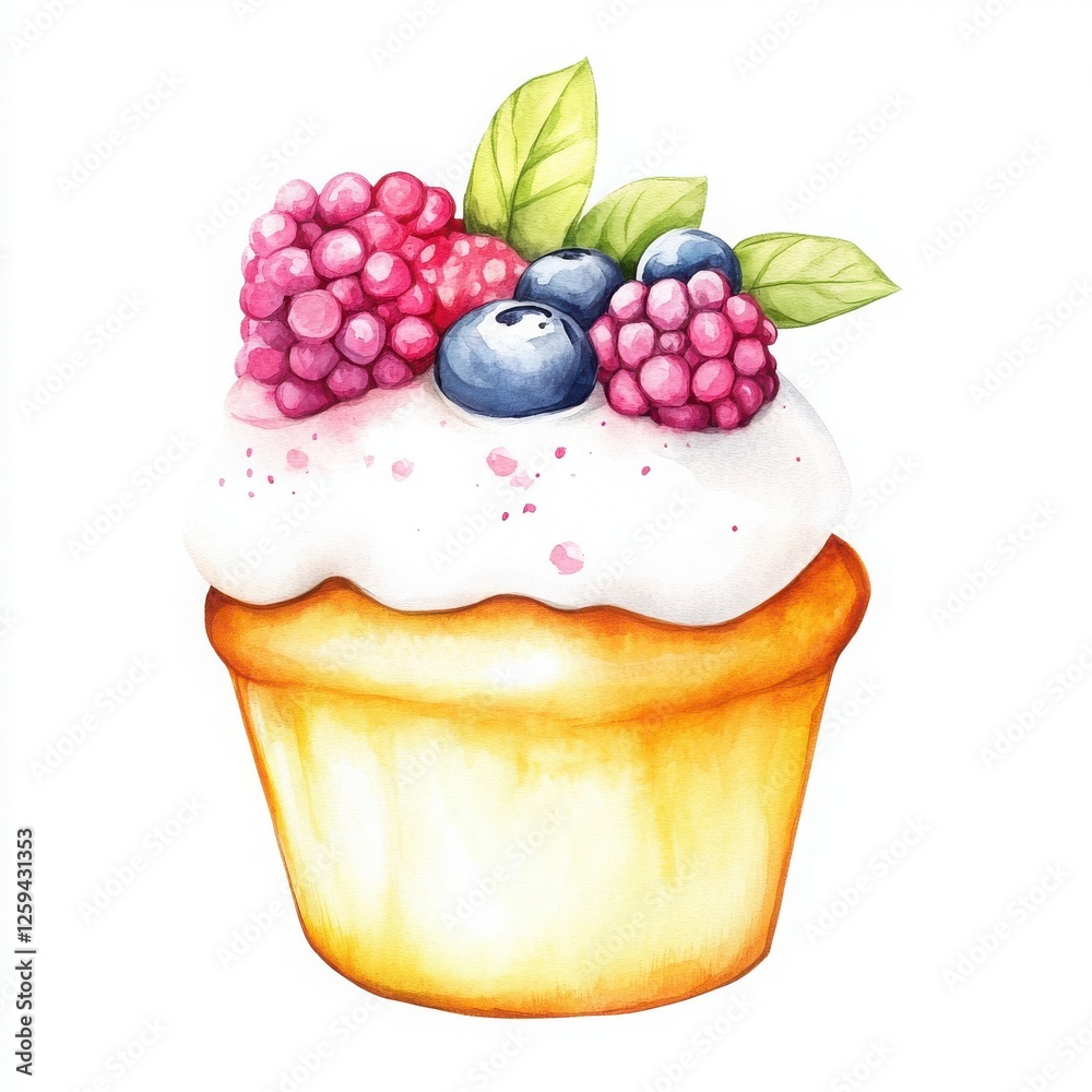 A colorful cupcake topped with cream and fresh berries, including raspberries and blueberries, garnished with green leaves. A colorful cupcake topped with cream and fresh berries, including raspberries and blueberries, garnished with green leaves.