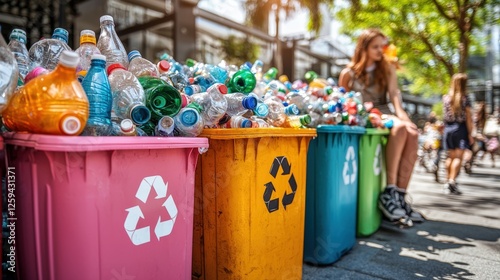Close-up of colorful recycling bins grouped together for waste management and environmental awareness