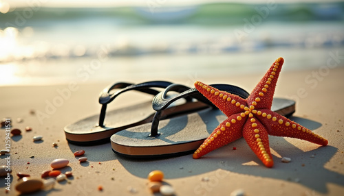 Flip-Flops and Starfish on Sandy Beach