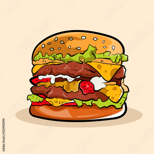 Hand drawn tasty burger fast food or hamburger and cheesburger With bacon, cheese, salad, tomatoes, cucumbera for ealthy restaurant menu isolated elements. photo