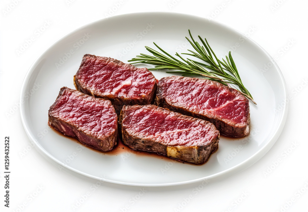 Seared Steak with Rosemary: A close-up of a plate with four juicy slices of perfectly seared steak, garnished with sprigs of fresh rosemary. The red-brown surface, with its crisp edges. Seared Steak with Rosemary: A close-up of a plate with four juicy slices of perfectly seared steak, garnished with sprigs of fresh rosemary. The red-brown surface, with its crisp edges.