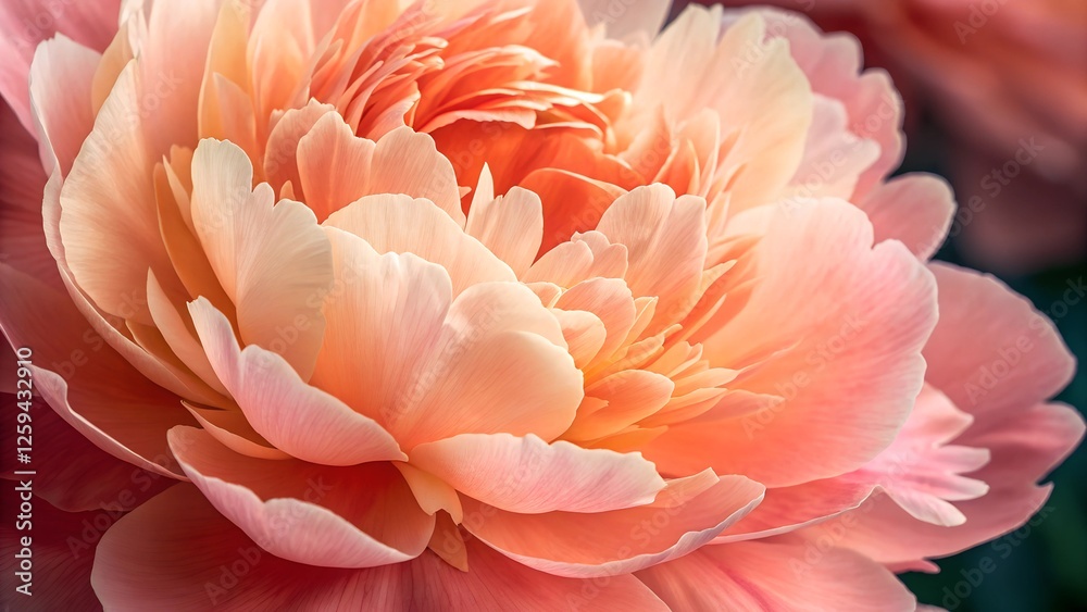 Peach Peony Bloom: A close-up reveals the delicate, layered petals of a peach-colored peony, showcasing its soft, romantic texture and vibrant hues. Peach Peony Bloom: A close-up reveals the delicate, layered petals of a peach-colored peony, showcasing its soft, romantic texture and vibrant hues.