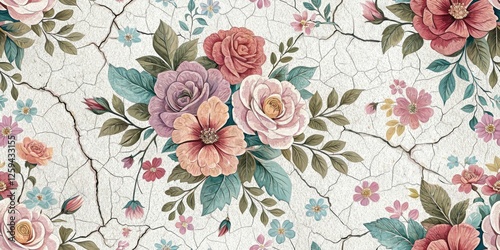 Wallpaper Mural Pastel Floral Cracked Surface: Vintage Flower Background, Weathered Distressed Design, Low Light Photography Torontodigital.ca