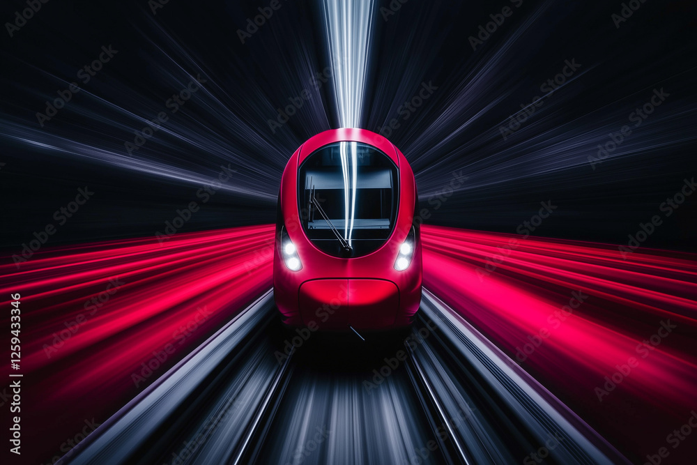 Futuristic red train in motion with dynamic light streaks and abstract dark background Futuristic red train in motion with dynamic light streaks and abstract dark background