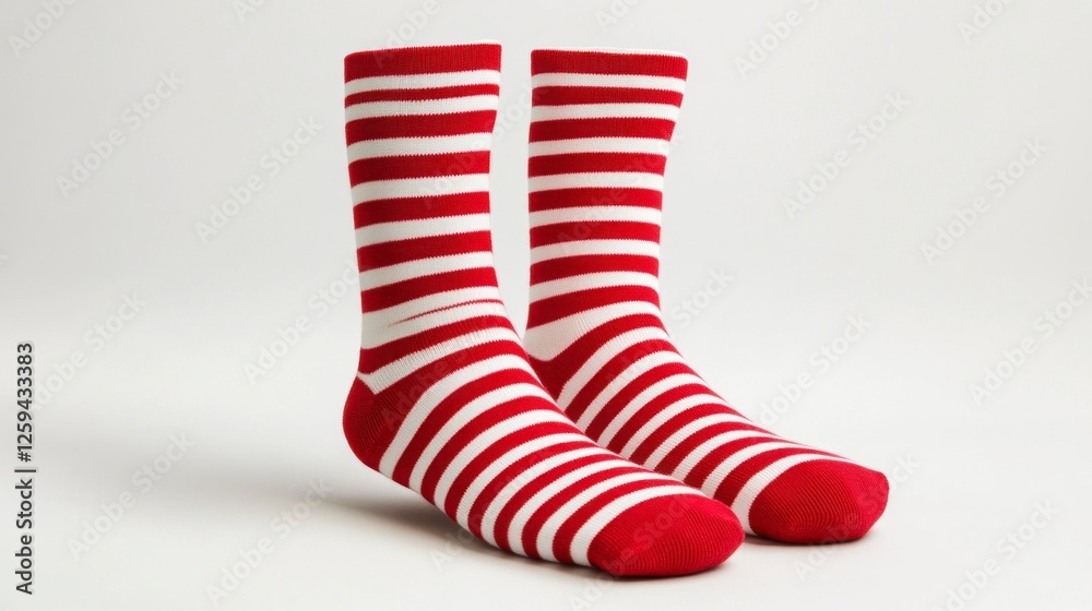 Red and white striped socks, solid color, simple style, flat viewing angle, white background, high-resolution, product photography. Red and white striped socks, solid color, simple style, flat viewing angle, white background, high-resolution, product photography.
