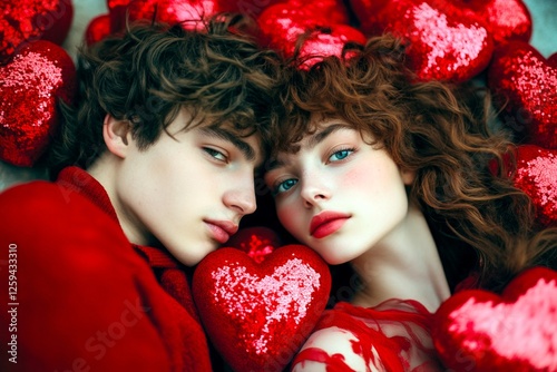 Commercial commercial artwork idea art. Sign of love and affection. Valentine's day, soulmatescouple: extraordinary striking image of loving caucasian adolescent couple. Modern couple. photo