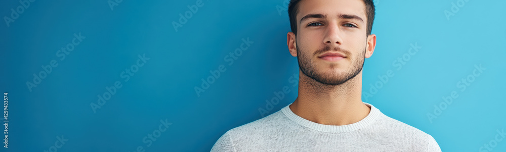 Obraz premium Portrait of a young man on a panorama image with blue background