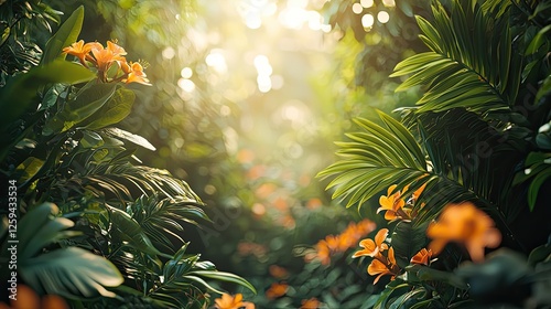 Lush tropical garden pathway adorned with vibrant orange flowers and sunlit greenery