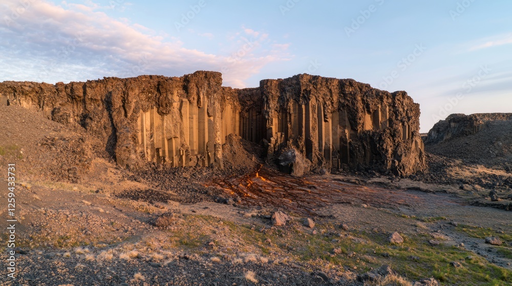 Imposing Basalt Monument with Unique Faces at Sunset Imposing Basalt Monument with Unique Faces at Sunset