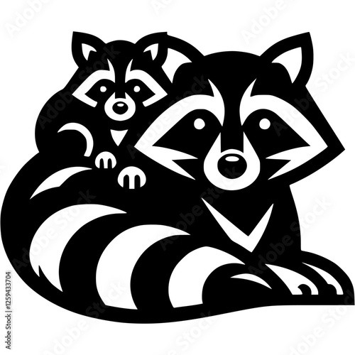 Mother raccoon is lying down resting and small baby raccoon has climbed onto her back and is playing in monochrome. Engraving minimalistic vector in black ink drawing on transparent background
