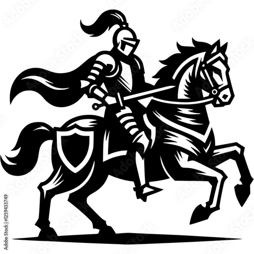 Tattoo emblem of european knight in cloak and armor riding a horse in monochrome. Engraving minimalistic vector in black ink drawing on transparent background