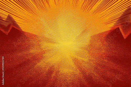 A vibrant sunburst comic book style natures scenery. Royalty high-quality free best stock of comic nature with forest, sun, trees, clouds, sky sunrise, mountains comic scene background