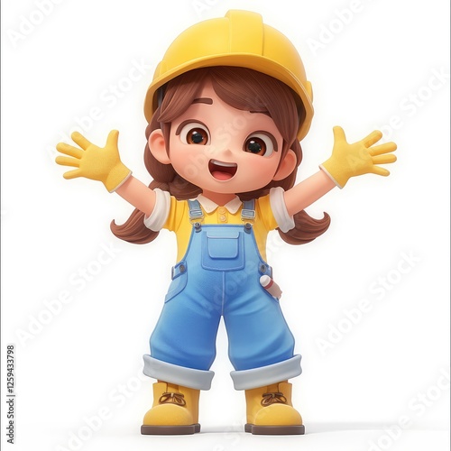 3D Render of a Cute Girl Construction Worker: Happy, Smiling Child in Yellow Helmet and Blue Overalls