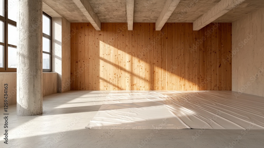 Bright and Spacious Empty Room with Wooden Wall and Natural Light Streaming Through Large Windows Bright and Spacious Empty Room with Wooden Wall and Natural Light Streaming Through Large Windows