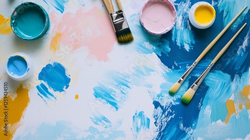 Scene of a painting by numbers setup. Featuring paint pots, brushes, and a partially completed canvas. Highlighting the craft of painting by numbers. Ideal for DIY and craft blogs. photo