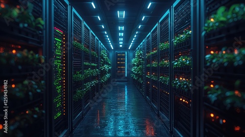 Futuristic server room with vibrant greenery, glowing lights, and digital displays in a tech environment