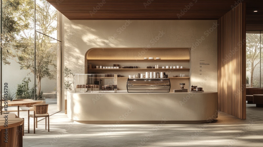 custom made wallpaper toronto digitalModern cafe interior, sunlight streams through large windows, showcasing minimalist design, coffee counter