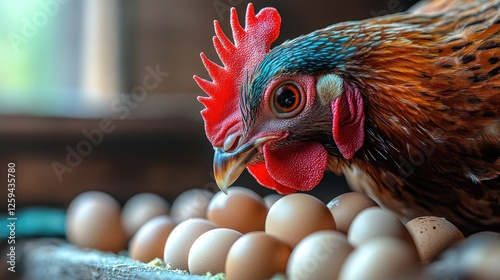 A close-up of a colorful hen inspecting a cluster of freshly laid eggs in a rustic setting