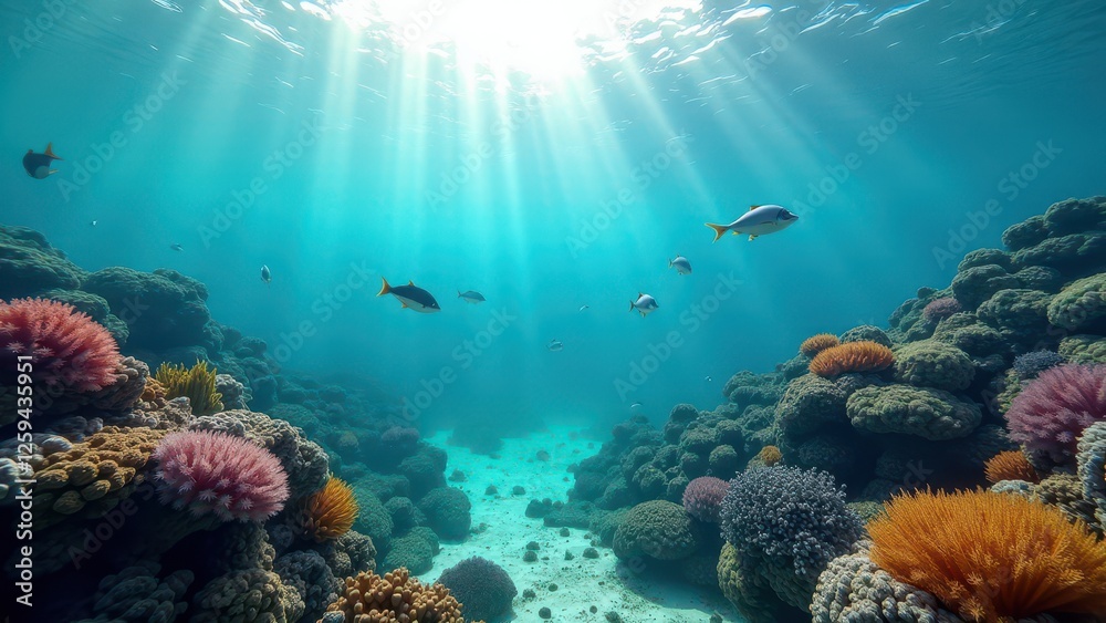 Fototapeta premium Split view of coral reef underwater with fish swimming and sky above water 