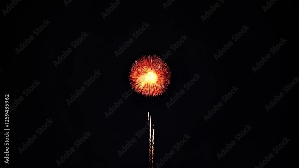 Aerial video captures a vibrant firework burst against a dark sky, centered and symmetrical, highlighting its radiant colors and explosive symmetry. Aerial video captures a vibrant firework burst against a dark sky, centered and symmetrical, highlighting its radiant colors and explosive symmetry.