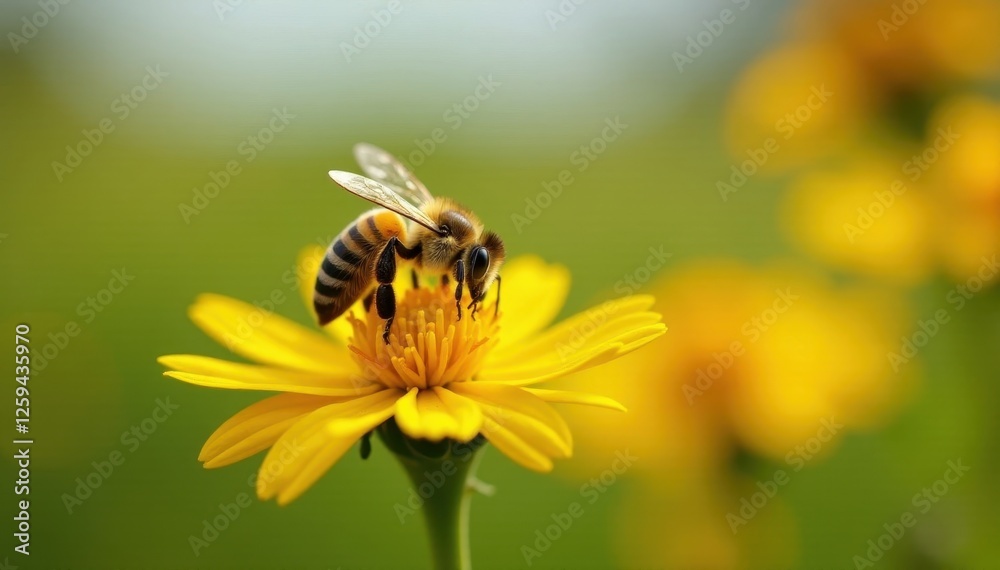 A honeybee actively foraging on a sunny yellow wildflower , yellow, wildlife, organic A honeybee actively foraging on a sunny yellow wildflower , yellow, wildlife, organic