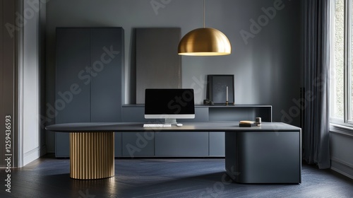 Modern home office interior design, desk, computer, calm background photo