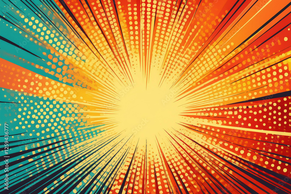 Obraz premium A vibrant sunburst comic book style natures scenery. Royalty high-quality free best stock of comic nature with forest, sun, trees, clouds, sky sunrise, mountains comic scene background