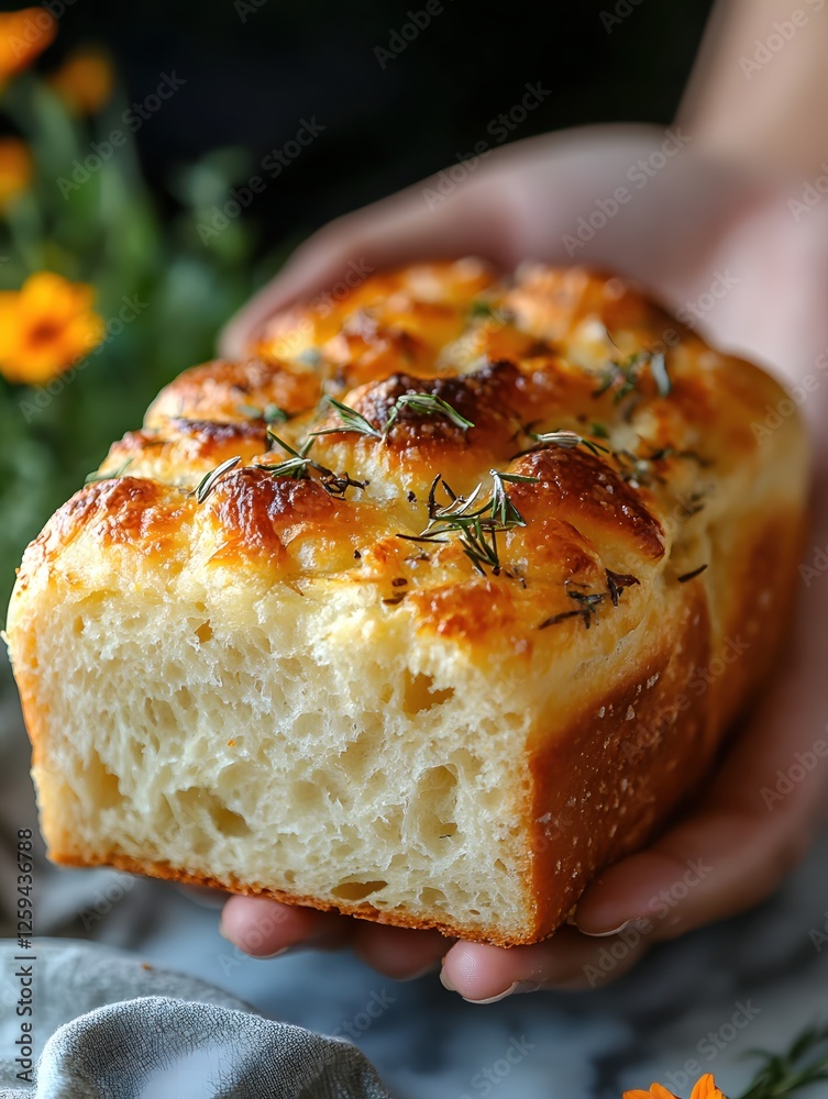 Fresh Baked Bread Loaf Displayed in Hands with Rosemary and Golden Crust Homemade Food Fresh Baked Bread Loaf Displayed in Hands with Rosemary and Golden Crust Homemade Food