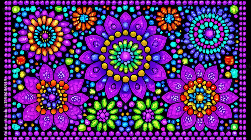 A vibrant and intricate mandala pattern with symmetrical floral designs, rich colors, and decorative elements, symbolizing harmony, meditation, and artistic expression
