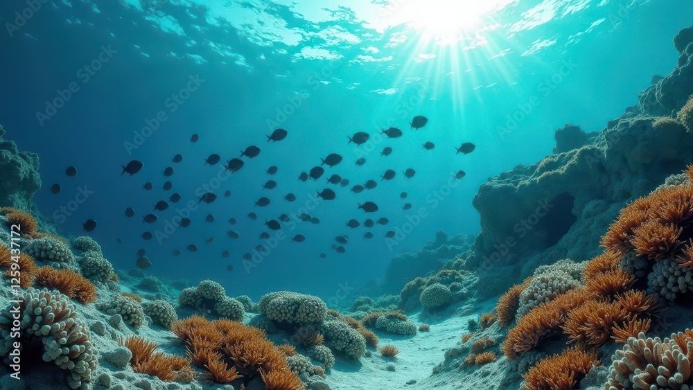 Fototapeta premium Underwater coral reef with various fish swimming and sunlight filtering through 