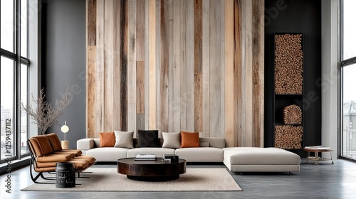 Rustic Charm: Modern Living Room with Vintage Furniture and Barn Wood Paneling