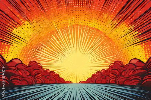 A vibrant sunburst comic book style natures scenery. Royalty high-quality free best stock of comic nature with forest, sun, trees, clouds, sky sunrise, mountains comic scene background