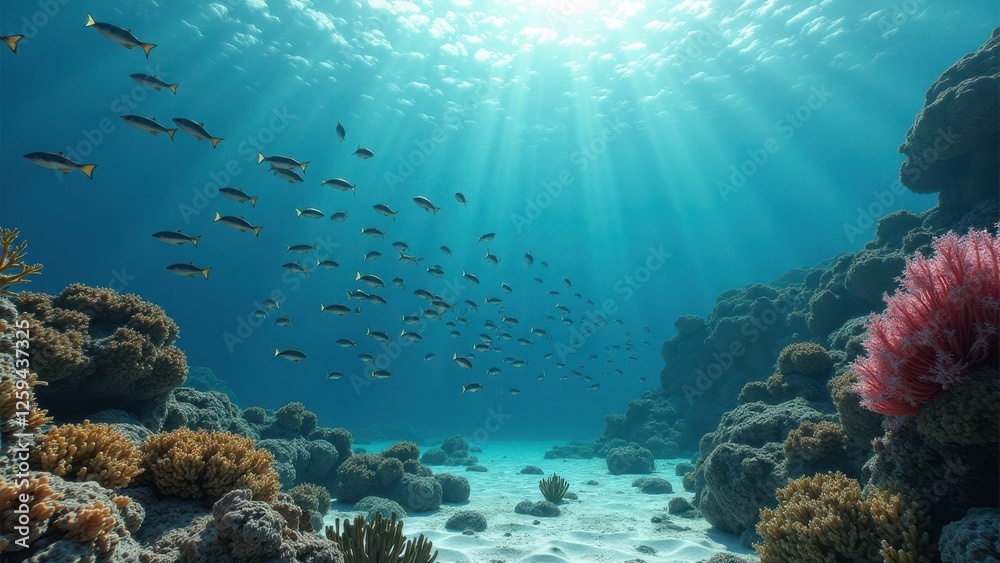 Fototapeta premium Underwater coral reef with various fish swimming and sunlight filtering through 