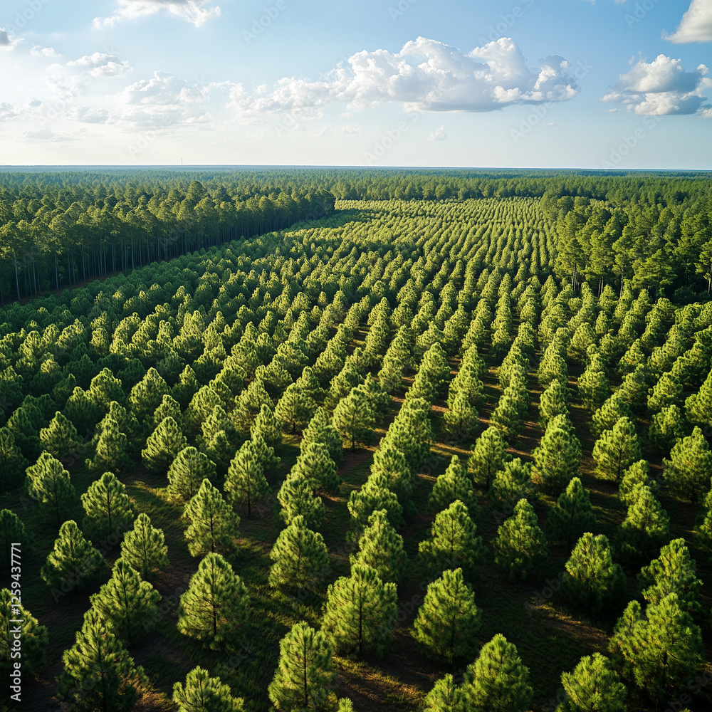 Fototapeta premium Aerial view of a large silviculture forest with neatly organized tree plantations