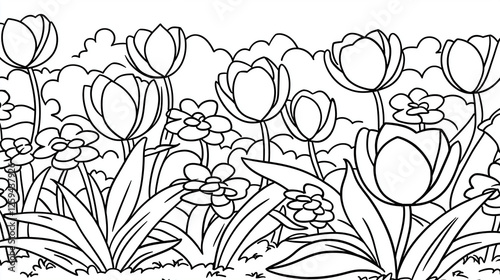A delicate black and white hand-drawn floral illustration featuring blooming tulips and wildflowers, perfect for coloring books, home decor, and artistic prints.

