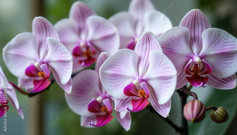Branch of Pink Orchids in Full Bloom, Close-Up Branch of Pink Orchids in Full Bloom, Close-Up