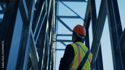 Engineer inspecting a building structure. Featuring safety protocols and quality checks. Emphasizing construction standards and safety. Ideal for engineering consultancy services.