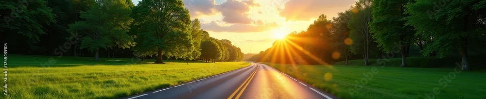 Naklejka premium Sun-drenched asphalt ribbon cuts through verdant park, stunning sky above , summer, rural, open