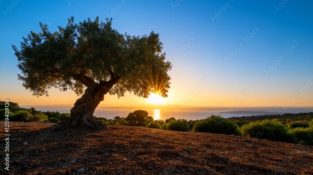 Fototapeta premium Sunset olive tree coastal hillside landscape