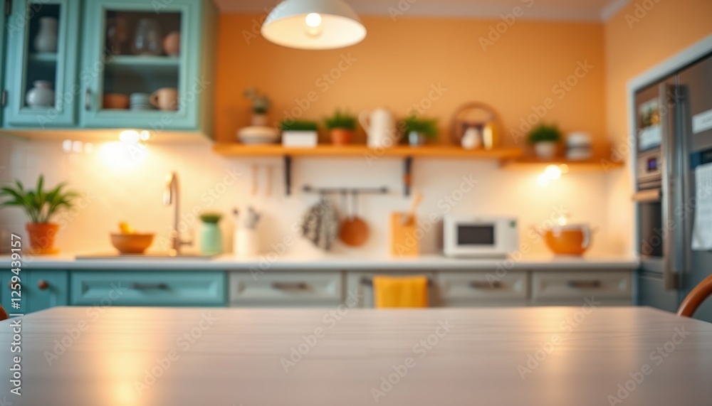 Fototapeta premium blurred Modern natural kitchen interior with a empty wooden table and cabinets in a well-designed home