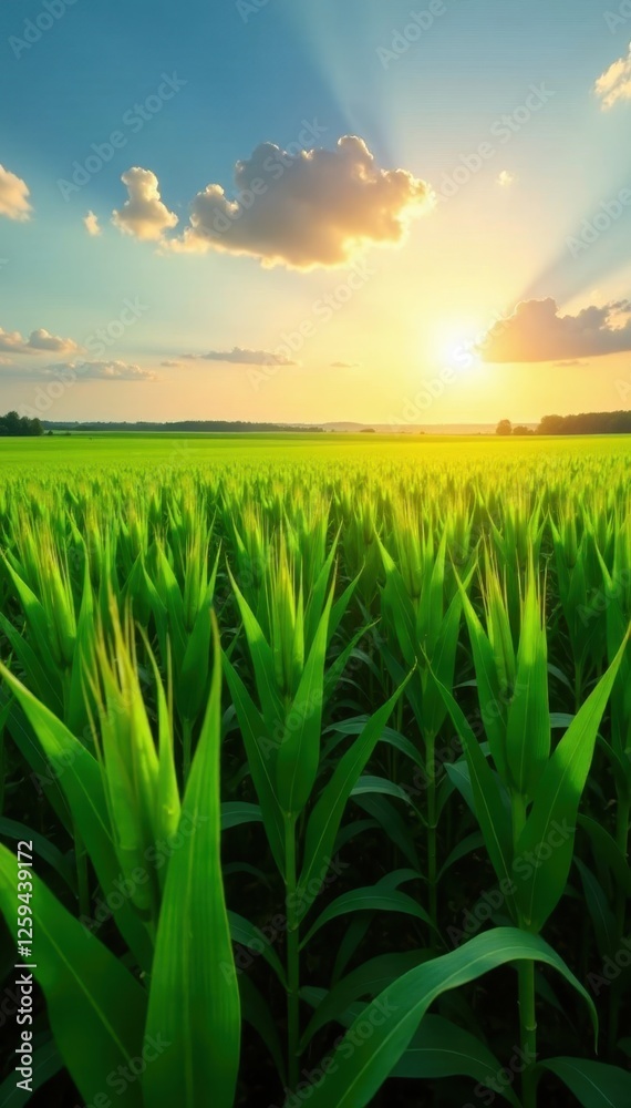 Fototapeta premium Sun-drenched cornfield, lush green rows stretching to horizon , horizon, sun, stock photo