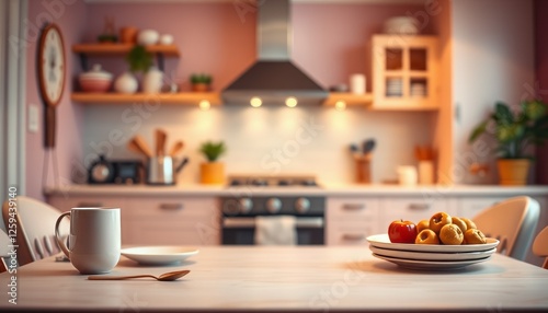 Wallpaper Mural blurred Modern kitchen interior with a empty wooden table and cabinets in a well-designed home Torontodigital.ca